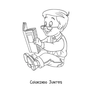 Desenho para colorir de um menino de óculos lendo um livro