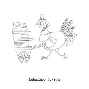 Desenho para colorir de um peru animado com livros empilhados em um carrinho de mão