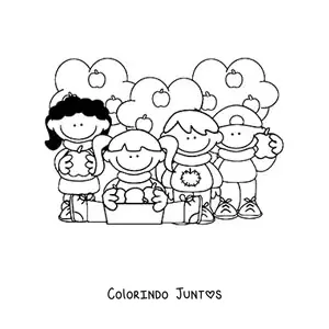 Desenho para colorir de crianças comendo maçãs com macieiras ao fundo