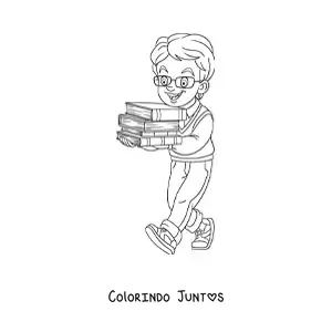 Desenho para colorir de um menino carregando vários livros empilhados