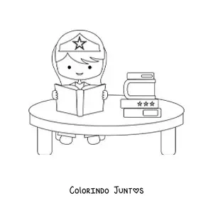 Desenho para colorir de uma menina super-heroína kawaii lendo um livro
