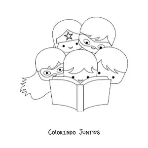 Desenho para colorir de várias crianças super-heróis lendo um livro juntas