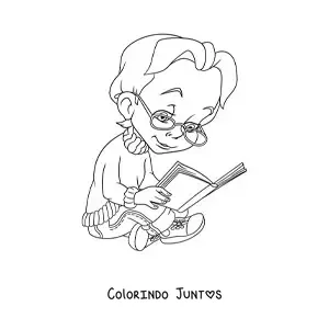 Desenho para colorir de uma menina de óculos sentada lendo um livro