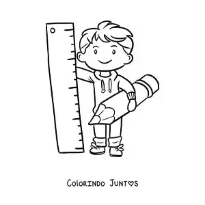 Desenho para colorir de um menino kawaii segurando um lápis e uma régua gigante