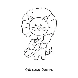 Desenho para colorir de um leão kawaii segurando um lápis