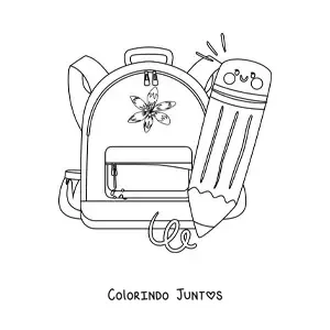 Desenho para colorir de um lápis kawaii animado junto a uma mochila escolar