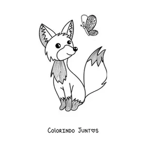 Desenho para colorir de uma raposa animada sentada olhando uma borboleta