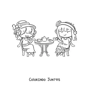 Desenho para colorir de duas meninas kawaii tomando chá em uma mesa