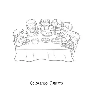 Desenho para colorir de uma família jantando em uma mesa com toalha
