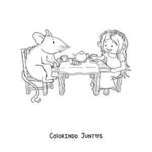 Desenho para colorir de uma menina e um rato animado tomando chá em uma mesa de madeira