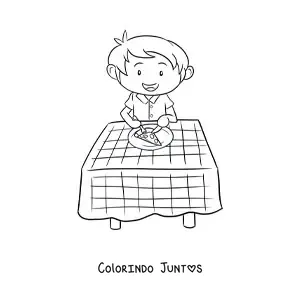 Desenho para colorir de um menino comendo pizza em uma mesa com toalha xadrez