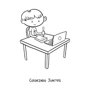 Desenho para colorir de um menino fazendo a lição em uma mesa