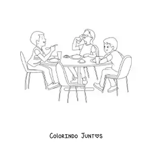 Desenho para colorir de três crianças comendo à mesa