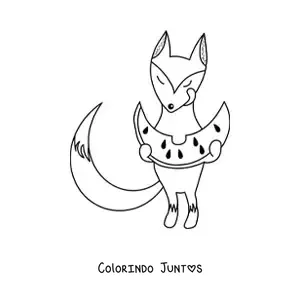 Desenho para colorir de uma raposa animada comendo uma melancia