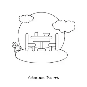 Desenho para colorir de uma mesa com cadeiras em um jardim