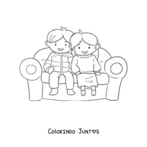 Desenho para colorir de um casal kawaii sentado em uma poltrona
