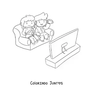 Desenho para colorir de duas crianças assistindo a um jogo de futebol sentadas em uma poltrona