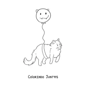Desenho para colorir de um gato kawaii amarrado a um balão