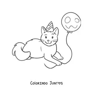 Desenho para colorir de um gato kawaii com um balão de festa