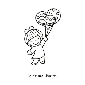 Desenho para colorir de uma menina segurando três balões