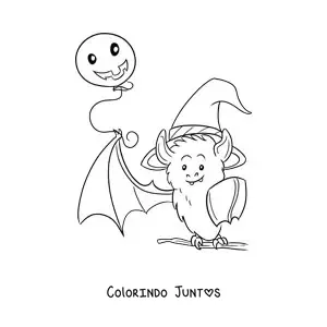Desenho para colorir de um morcego kawaii com um balão de Halloween