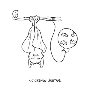 Desenho para colorir de um morcego kawaii dormindo ao lado de um balão de Halloween