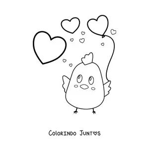 Desenho para colorir de um pintinho kawaii com balões de coração