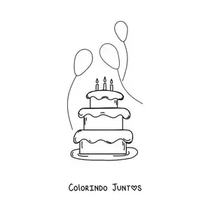 Desenho para colorir de um bolo de aniversário com três balões