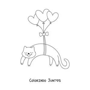 Desenho para colorir de um gato animado amarrado a três balões de coração