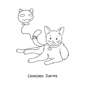 Desenho para colorir de um gato kawaii com um balão em formato de gato