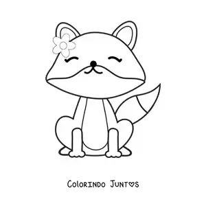 Desenho para colorir de uma raposa kawaii animada sentada com uma flor na cabeça