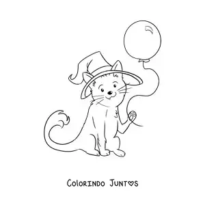 Desenho para colorir de um gato kawaii fantasiado com um balão de Halloween