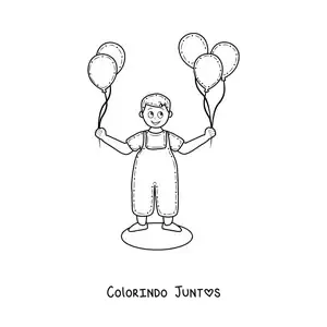 Desenho para colorir de um menino com balões nas mãos