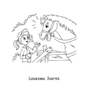 Desenho para colorir de uma menina alimentando um cavalo com uma maçã