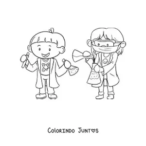Desenho para colorir de dois cientistas kawaii animados
