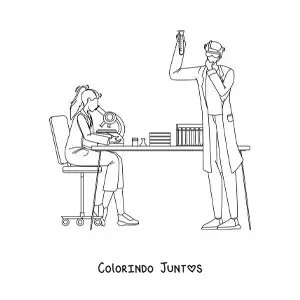 Desenho para colorir de dois cientistas em laboratório de química