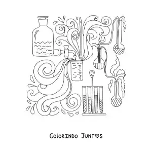Desenho para colorir de recipientes e frascos com produtos químicos reagindo ao se misturar