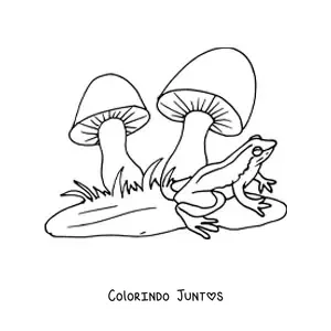 Desenho para colorir de um sapo junto a dois cogumelos