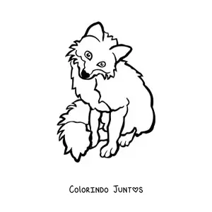 Desenho para colorir de uma raposa selvagem sentada de frente com a cabeça inclinada para a direita