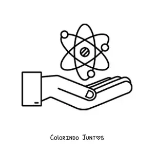 Desenho para colorir de uma mão com um átomo representando a física nuclear