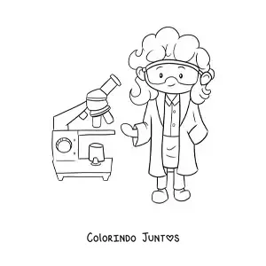 Desenho para colorir de um cientista kawaii com microscopio
