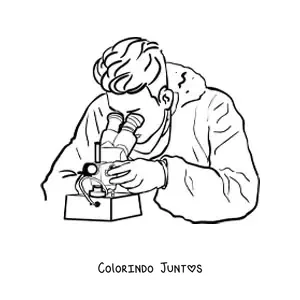Desenho para colorir de um cientista usando um microscopio binocular