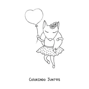 Desenho para colorir de uma raposa animada com vestido segurando um balão em formato de coração