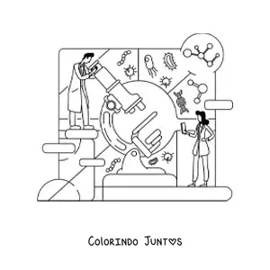 Desenho para colorir de dois cientistas e um microscopio