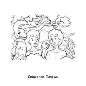 Desenho para colorir de uma maçã como o fruto proibido do Gênesis, com Adão e Eva