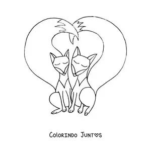 Desenho para colorir de um casal de raposas animadas unindo as caudas em formato de coração