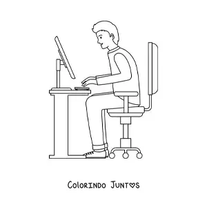 Desenho para colorir de um homem sentado em uma mesa com um computador moderno