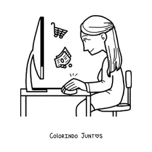 Desenho para colorir de uma mulher comprando pela internet no computador