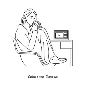 Desenho para colorir de uma mulher sentada ao lado de uma mesa com um notebook