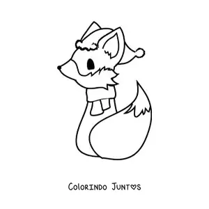 Desenho para colorir de uma raposa animada sentada de costas com cachecol e gorro de Natal